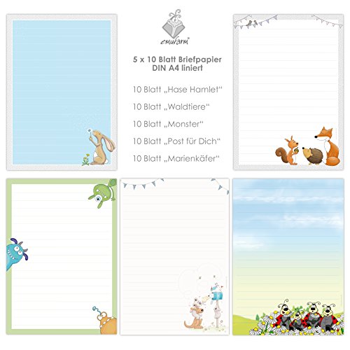 niedlicher BRIEFPAPIER-MIX 5 x 10 Blatt DIN A4 für Kinder mit Linien insg. 50 Blatt / Briefpapier Set für Kinder / Briefpapier für Mädchen und Jungen Cover