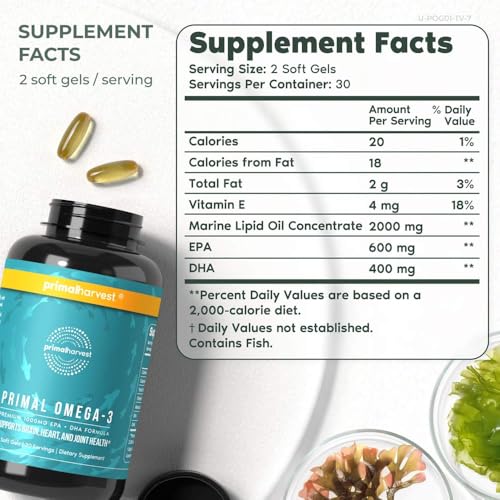 Primal Harvest Omega 3 Fish Oil Supplements, 30 Servings Soft Gels Capsules w/ 1000mg EPA + DHA Supplements, No Fishy Burps Non-GMO Omega 3 Fatty Acid - Image 3