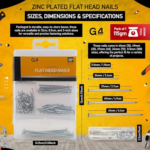 Conjunto de 250 clavos variados con cabeza plana G4GADGET – Recubrimiento premium de zinc, 5 tamaños distintos para reparaciones domésticas, proyectos DIY, carpintería y manualidades – Incluye caja de almacenamiento organizada miniatura 4