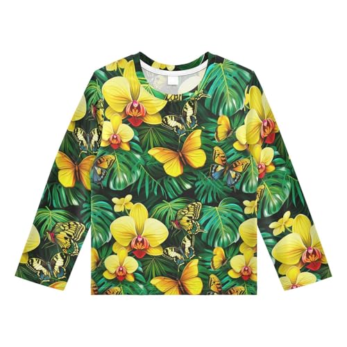 DOMIKING Butterfly Monstera Leaves Black Boys Long Sleeve Rashguard Shirt Kids Quick Dry Swim Shirt for Kids Toddler 11-12T