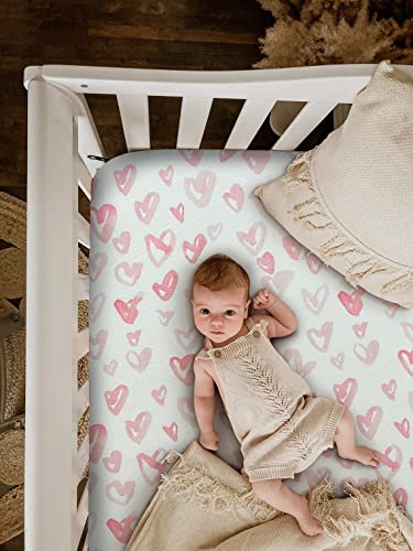Image of Soft Fitted Crib Sheet, Stretchy and Breathable Toddler Crib Sheet for Boys and Girls, Fits Standard Crib and Toddler Mattress (Pink Hearts)