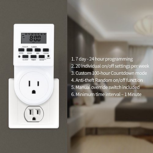 Techbee 7Day Programmable Digital Countdown Timer Switch with 3Prong