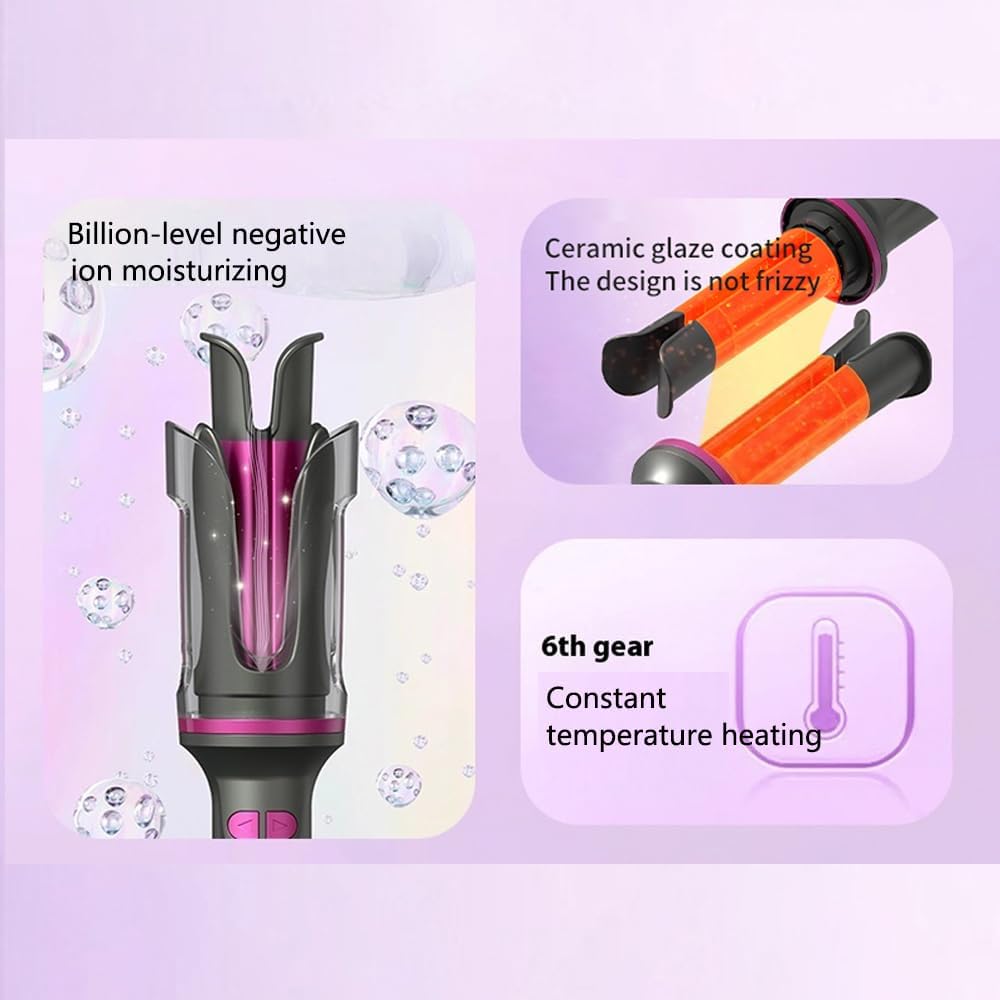 1 Inch Curling Iron Automatic Rotating Long Hair Curler with Digital Display Beach-Waves Curling Wand with 6 Temp, 500 Million Ionic, 100-240v Voltage & Lightweight for Travel (Pink)