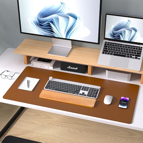 Image of Leather Desk Pad Protector, 31.5 inch x 15.7 inch Non-Slip PU Office Mat, Laptop Mouse Mat, Waterproof Writing Pad Cover for Office and Home (Brown)
