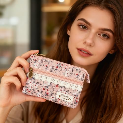 Image of Women Small Zipper Coin Purse, Handmade Fabric Flower Embroidered Change Pouch, Cotton Double Zipper Wallet