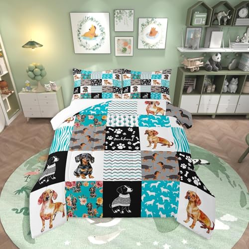 Cute Dachshund Comforter Set for Kids Boys Girls,Lovely Puppy Pet Bedding Queen Size,Kawaii Dog Paw Quilt for Dog Lover,Farmhouse Flower Animal Duvet Insert with 2 Pillowcases Home Room Decor