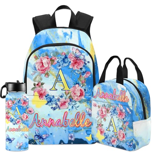 M YESCUSTOM Custom Backpacks for Girls Boys Kids Personalized Name Backpack with Lunch Box, Insulated Water Bottle Back to School Gifts Floral Flower Bookbag Set School Bags for Students Blue