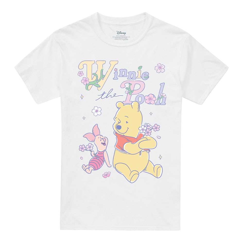 Disney Winnie The Pooh and Piglet Whimsical Flowers Unisex T Shirt, White, Small
