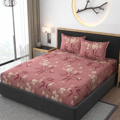 Image of Premium Heavy Cotton Elastic Fitted Bedsheets with 2 King Size Pillow Covers | Diwan Bed with All Around Elastic 350 TC | 48 x 78 x 8 Inch Diwan Size Fitted | :- Maroon Flower