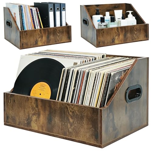 3 Pack Wood Vinyl Record Storage Crate, Retro Vintage Style w Handles Holds 200+ LPs Total, Storage Holder Organizer for Albums, Magazines, Books, Files for Home Office Decor & Collector Display Case