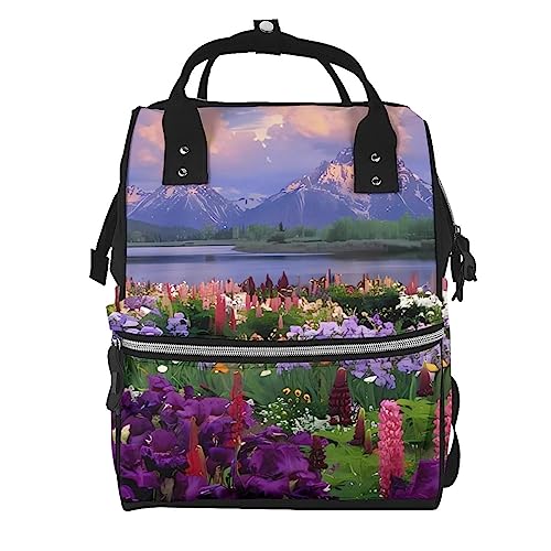Sac à langer imprimé fleurs sac à dos momie noir imperméable de grande capacité