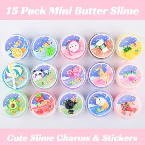 15 Pack Butter Slime Kit with Fruits Charms, Birthday Gift for Kids, Slime Party Favors for Girls and Boys, Super Soft & Non-Sticky, Scented Slime, DIY Stress Relief Toy - Image 2