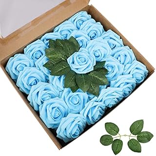 Aoleytech Artificial Flower Roses, 50 Real Touch Fake Foam Roses, Wedding Decorations, Bridal Bouquet, Valentine's Day, Mother's Day, Baby Shower (Blue)