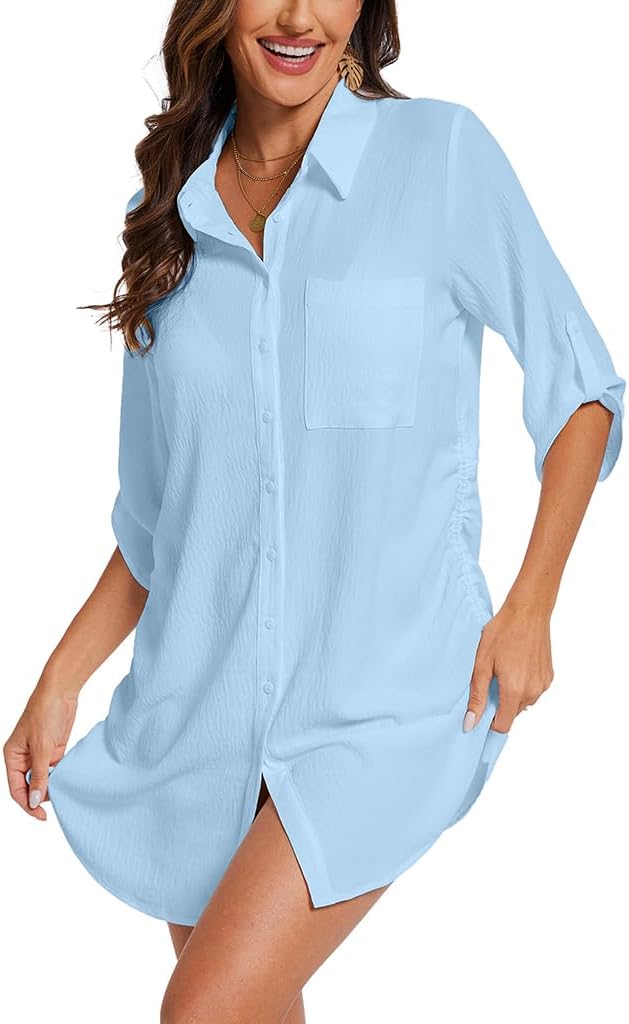 Moss Rose Womens Bathing Suit Cover Ups Bikini Swimsuit Coverup Drawstring Button Down Beach Dress Shirt - Image 3