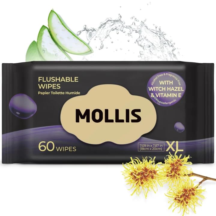 MOLLIS Witch Hazel Flushable Wipes for Adults Extra Large Unscented Wet Wipes with Vitamin E Gentle for Sensitive Skin 100% Plant-Based Sewer & Septic Safe 60 Count