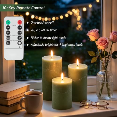 Image of Olive Green Flameless Pillar Candles, Real Wax LED Candles with Remote & Timer, Battery Operated Decorative Candles for Aesthetic Home Decor, Set of 3