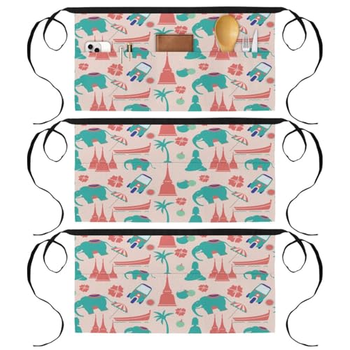 Tablier court de chef à 3 poches, protection élégante rose motif thaï