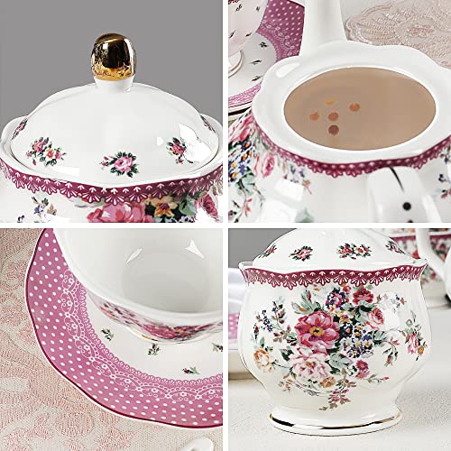 fanquare 21 Piezas Juego de Té de Porcelana con Flores Rosa, Juego de Café Ceramica Real para 6 Personas, Juego de Tazas… - Imagen 3