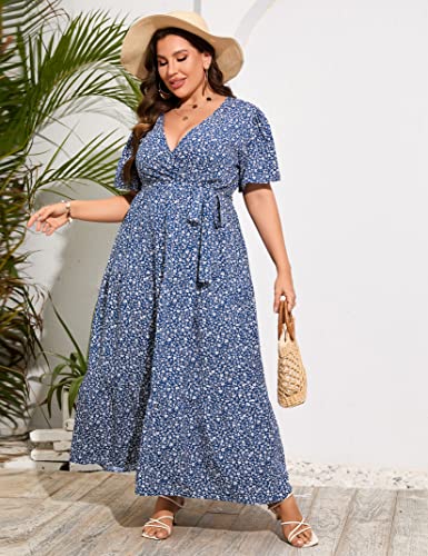 Image of ShopWonder Womens Plus Size V Neck Wrap Maxi Dress High Waist Ruffle Summer Casual Dress with Belt