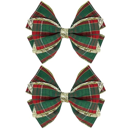 2Pcs Christmas Glitter Plaid Hair Bow Clips 4 Inch for Women Holiday Outfit Hair Accessories Party Decorations Red & Green (plaid)