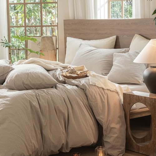 Image of MooMee Wavy Striped Duvet Cover Set 100% Washed Cotton Linen Like Textured Breathable Durable Soft Comfy (Beige, Palatial King /Oversized King 120 inchx98 inch)