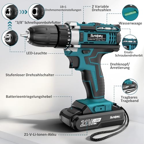 Sundpey Akkuschrauber Set mit 2 Akkus 2,0Ah, 21V Akkubohrer und Schrauber, 1500U/min 45Nm Max Akku Bohrschrauber mit 2-Gang, 18+1 Drehmomentstufen, 10mm Bohrfutter, LED-Licht Für Haus Reparatur & DIY