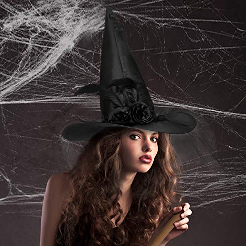 Magic Master Black Witch Hat for Costume Party & Halloween - Witch Hats for Women & girls, Witch Costume, Women's Witch Hats attached with Roses & Feathers, Ironable Witches Hats( Black)