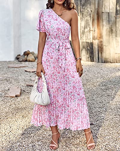 Btfbm Women's 2023 Boho Summer One Shoulder Maxi Dresses Short Sleeve Floral Solid Belted Pleated Wedding Guest Dress(Floral Pink, Small) #TOP1