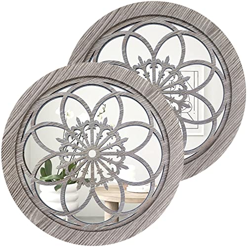 Zolapi 2 Pcs Round Wall-Mounted Mirrors,Vintage Farmhouse Mirror For Wall Decor,Barn Wood Color Decorative Accent Mirror For Foyer, Bathroom, Bedroom. (12”X12”) #TOP25