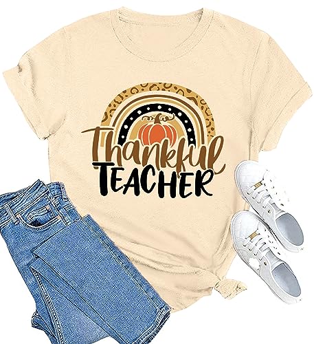 MAIHUN Halloween Teacher Shirt Women Funny Halloween Tshirt Teacher Gift Tee Tops, Cream, M