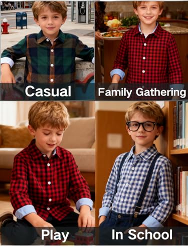 Image of Size 5-10 Years Boys' Long Sleeve Buffalo Plaid Button-Down Shirt Fall Thin Outfits Kids Clothes