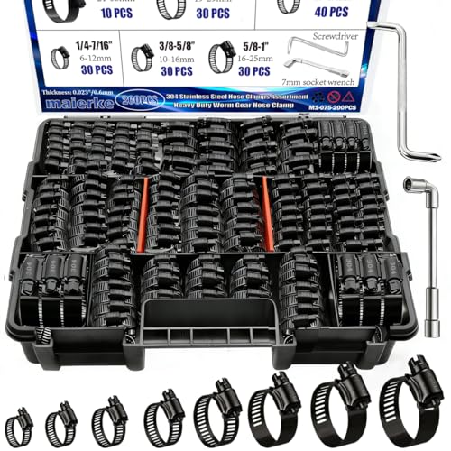 202PCS Stainless Steel Hose Clamps Assortment Kit,Metal Adjustable 1/4"-2"(6-51mm) Worm Gear Hose Clamp Heavy Duty Small Hose Clamps for Automotive,Radiator Pipe,Plumbing,Fuel Line
