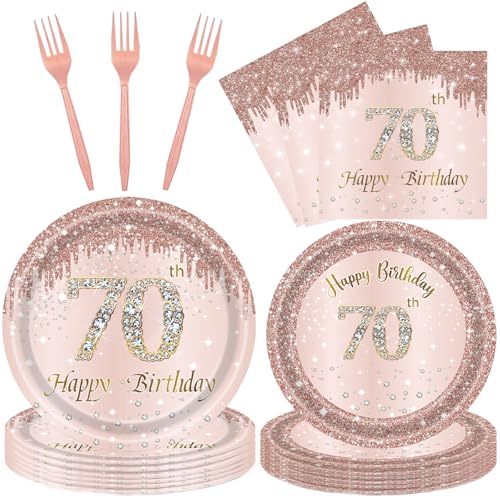 Rose Gold 70th Birthday Tableware Set for Women - 96 Pcs Disposable Party Supplies Includes Dinner Plates, Napkins & Forks, 70 Year Old Birthday Decorations (Serves 24 Guests)