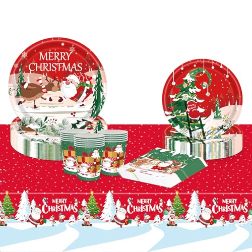 TOPWAYS Juego de vajilla de decoración de fiesta de Navidad, 16 invitados, servilletas de papel desechables para fiestas, platos, tazas, mantel para decoración de fiesta de Navidad (verde)