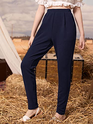 Image of Milumia Girl's Casual Elastic High Waisted Pocket Long Tapered Pants Solid Trousers Navy 8-9 Years