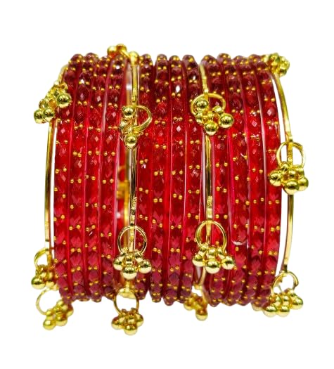 Women Glass Bangles Set For Girls Colorful Glass Bangles With Metal Ghungroo Charm Traditional Ethnic Bangles Set-image-48