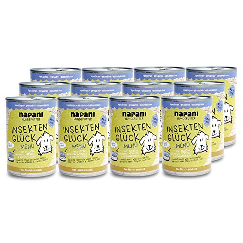 napani - Premium Hundefutter Insektenprotein, Hundenassfutter, schonend gegart, hypoallergen, getreidefrei, kohlenhydratarm, Bio-Brokkoli, Bio-Aprikosen, Bio-Kokosflocken, 12 x 400g