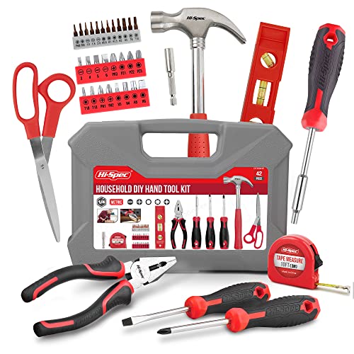 Hi-Spec Boîte à Outils Complète Rouge 42 Pièces - Kit d'Outils Complets avec Boîte à Outils Portable - Marteau,Pinces,Tournevis et Jeu d'Outils - Parfait Pour Bricolage à Domicile