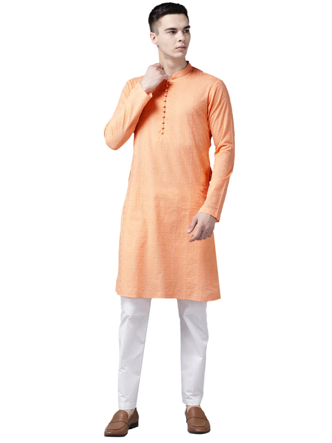 See Designs Men Peach Pure Cotton Chikankari Embroidered Straight Kurta_Sdkt1124Xxl
