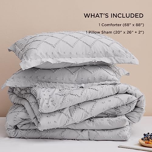 Image of Bedsure Twin Comforter Set - Light Grey Comforter, Boho Tufted Distressed Vintage Bedding for Kids, 2 Pieces Farmhouse-Style Bed Set for All Seasons, Fluffy Soft Bedding with 1 Pillow Sham