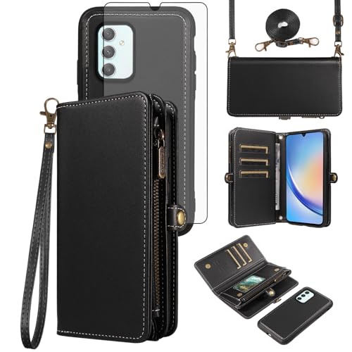 Coque Samsung Galaxy A34 5G portefeuille en cuir noir avec protège-écran verre trempé et cordon