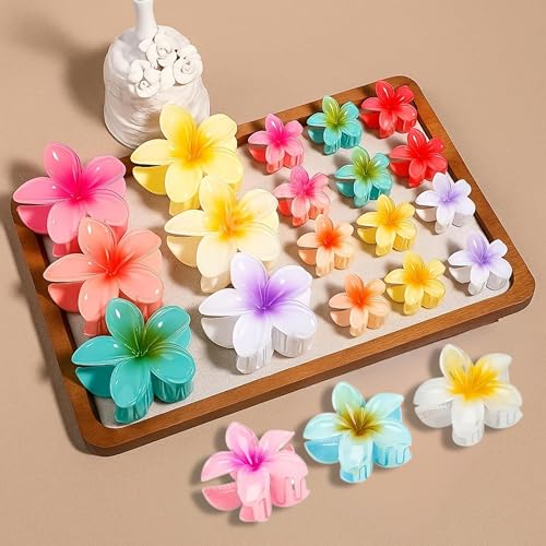 Image of Cerrito 7 Pcs Flower Hair Claw Clips - Hawaiian Plumeria, Large NonSlip Clutchers for Hair, Strong Hold Hair Accessories For Thick or Thin Hair, Beach, Everyday Use (Multi-Size, Multicolor)