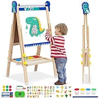 Kinder Spiel-Tafel aus Holz| Faltbare Doppelseitige Kunststaffelei für Whiteboard und Kreidetafel|höhenverstellbar mit Papierrolle, Kreidetafel, Whiteboard, Stift, Reichhaltige Accessoires
