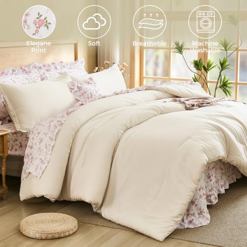 Image of WONGS BEDDING 8PC Queen Comforter Set, Ruffle Comforter with Floral Sheets