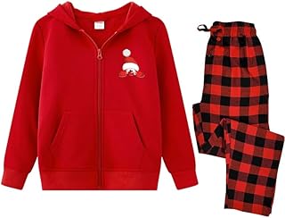 طقم بيجامة للكريسماس، هودي احمر بتصميم قبعة سانتا وسروال منقوش، قطعتين مقاس (XL)