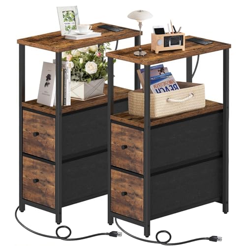 Listado de Auxiliares los 10 mejores. 45 FURRIFIC 2 Pcs Mesita de Noche, Buró para Recamara con Estación de Carga, Mesas Auxiliares con 2 Cajones de Tela y Estante de 2 Niveles, para Dormitorio,Espacios...