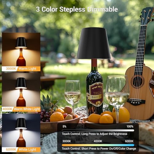 Image of GHIME Wine Bottle Lights, Wireless Bottle Lamp Shade with 3 Color Temperature | Stepless Dimming LED Lights for Liquor Bottles | Desk Lamp for Bedroom Restaurant Bar | Rechargeable - Black, Pack of 1