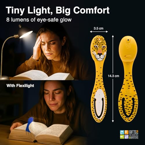 Image of Gifts for Readers & Writers Book Light, Clip On Reading Light for Bed, 2in1 Flexilight & Bookmark, Small & Lightweight with a Soft Glow, 2 Batteries Included, Leopard