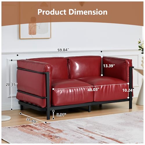 Image of QHITTY Loveseat Sofa, Mid-Century Modern Upholstered Couch Chair Faux Leather Sofa Couch with Iron Frame and Upholstered Armrest Backrest Cushion for Living Room, Office, Apartment (Burgundy)