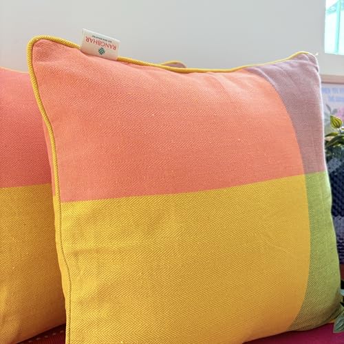 Image of RANGBHAR Handloom 100% Cotton Cushion Cover Set of 2 | Cushion with All-Around Piping for Premium Finish | 16x16 Inches Hand Woven Striped Cushion Covers - Yellow